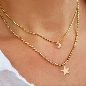 Gold Layered Chain Necklace Star and Moon